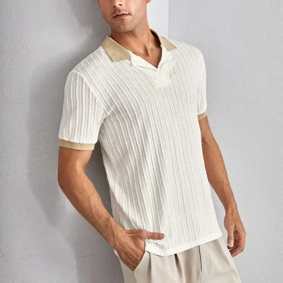 Beige Casual Mens Contrast Trim Textured Polo Shirt - Picture 5 of 5